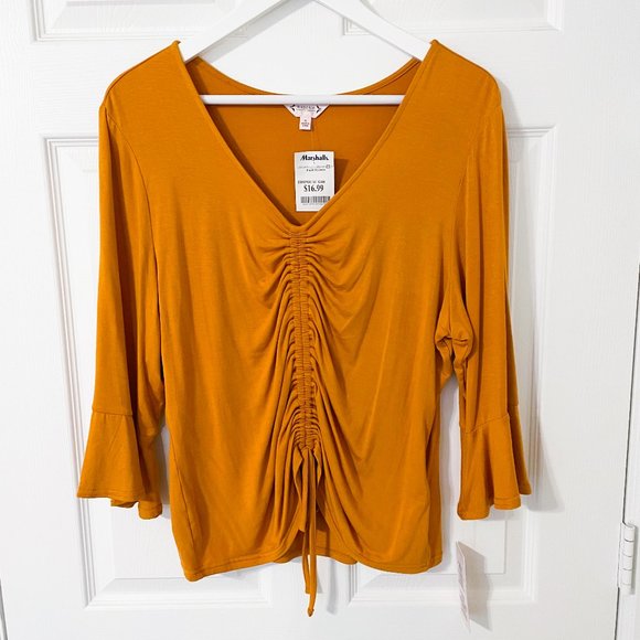 Nanette Lepore Mustard Drawstring Bell Sleeve Top - Picture 1 of 8